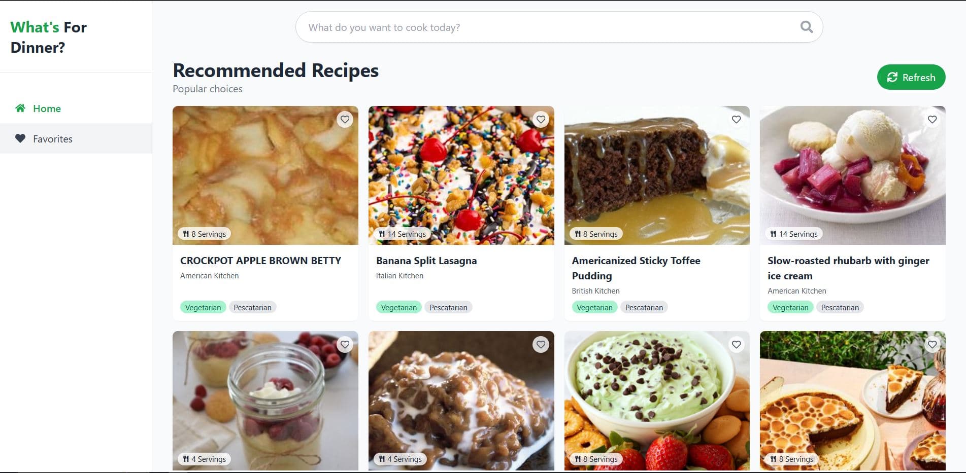 What's For Dinner interface with recipe grid