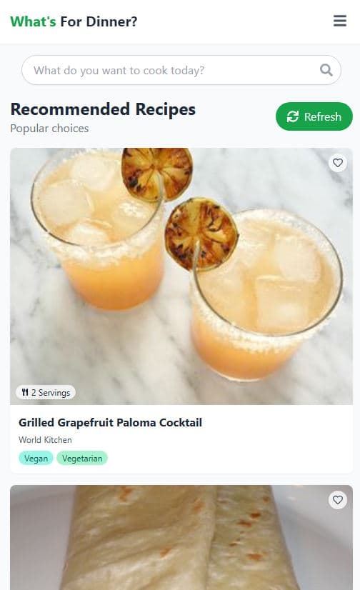 Mobile responsive view of the recipe finder