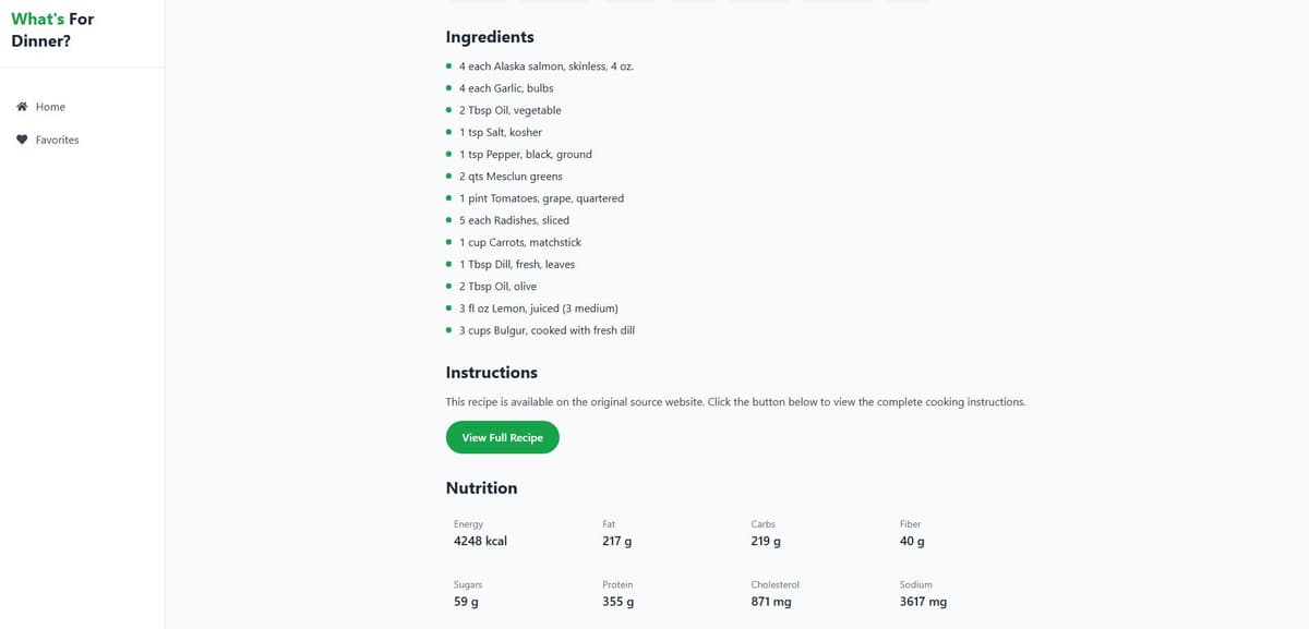 Recipe detail page with ingredients and instructions